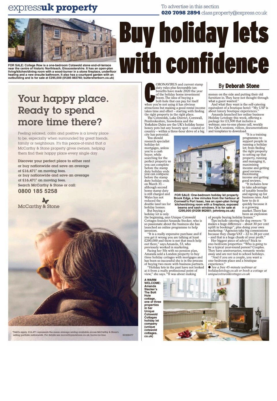 A digital newspaper clipping from Express UK Property titled Buy holiday lets with confidence, showing a full feature page with a main editorial column by Deborah Stone, real estate inset photos, and a prominent side advertisement