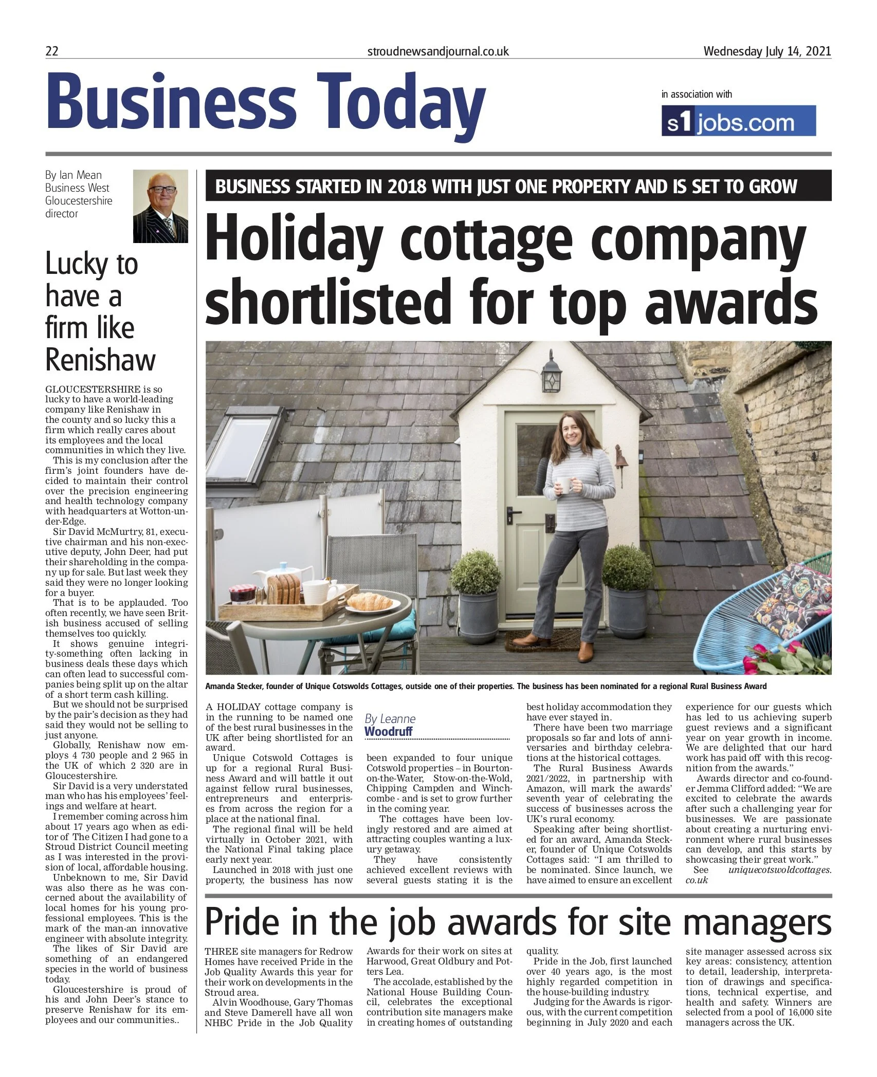 A digital news clipping from the Business Today newspaper section titled Holiday cottage company shortlisted for top awards, featuring a photograph of a woman standing outside a traditional stone cottage property