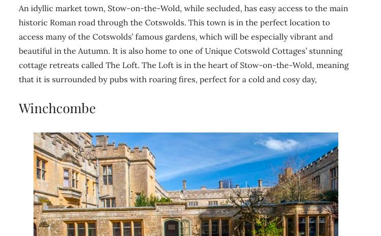 A digital article clipping featuring travel text about Stow-on-the-Wold and a Winchcombe heading, accompanied by a photograph of historic stone castle-style architecture under a blue sky