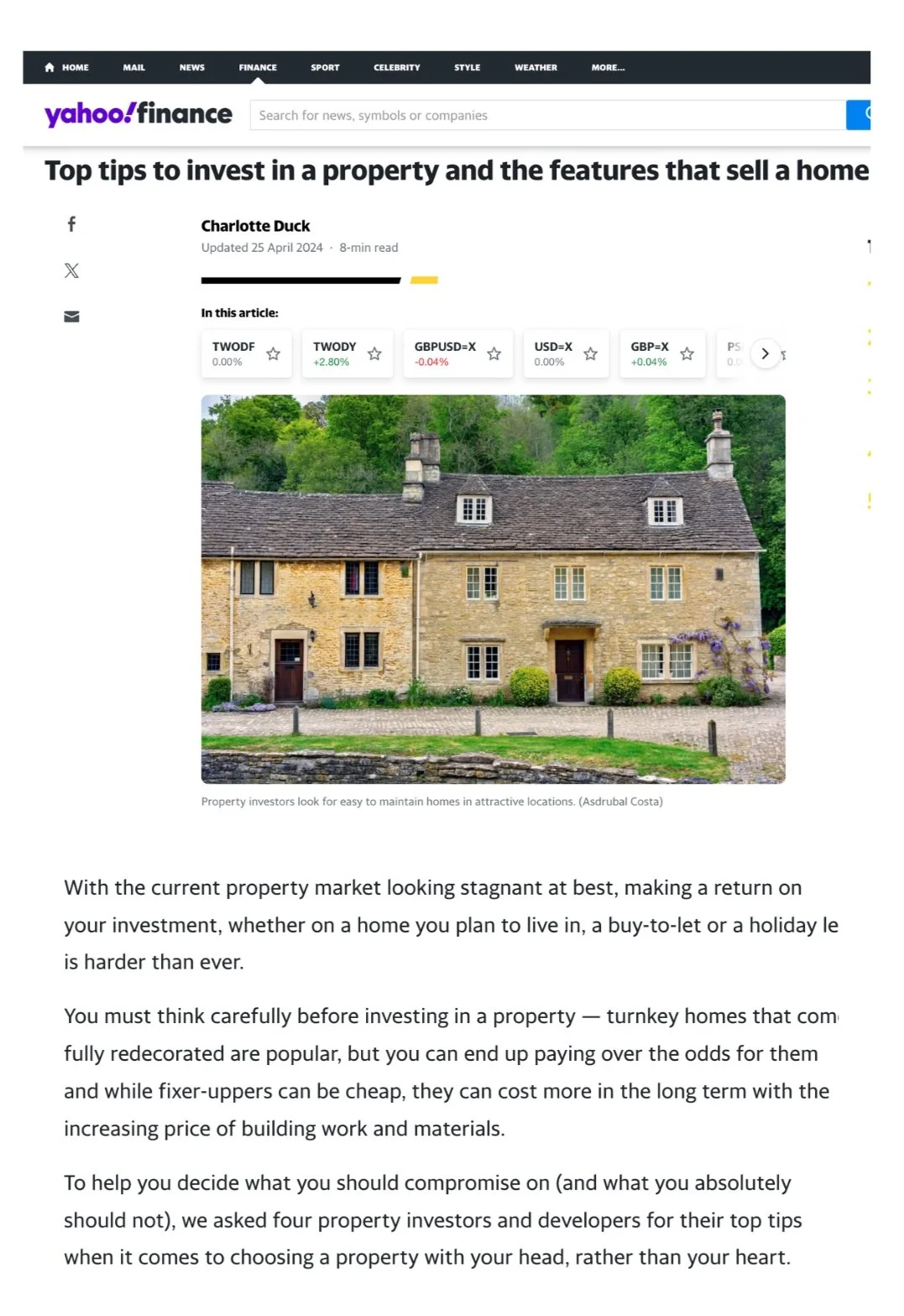 A digital news clipping from Yahoo Finance titled Top tips to invest in a property and the features that sell a home, featuring a photograph of a traditional stone house and real estate investment advice text