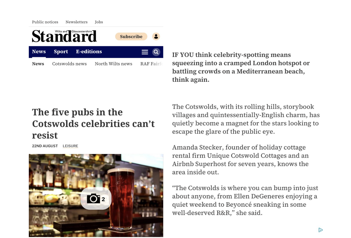 A digital news clipping from the Evening Standard titled The five pubs in the Cotswolds celebrities can't resist, featuring an article that mentions Amanda Stecker and a photograph of a pub interior