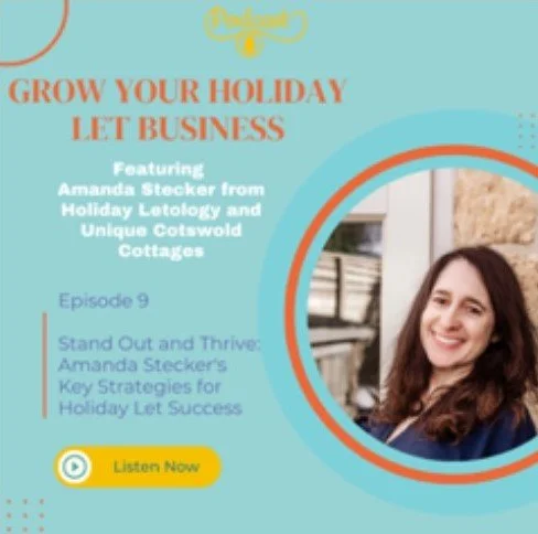A podcast promotional graphic for Episode 9 of Grow Your Holiday Let Business, featuring Amanda Stecker from Holiday Letology