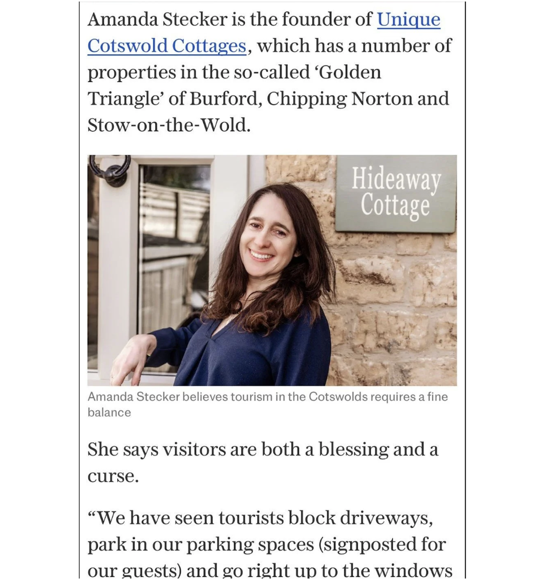 A digital news clipping titled The Telegraph Part 2, featuring an article about Amanda Stecker, founder of Unique Cotswold Cottages, alongside a photograph of her smiling next to a Hideaway Cottage sign