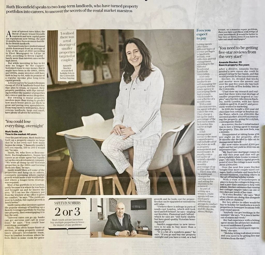 A digital newspaper clipping showing a full layout article about property portfolios, featuring a central photo of Amanda Stecker leaning against a modern dining table and text advice on securing five-star reviews