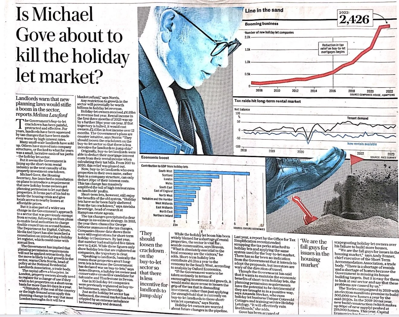 A digital newspaper clipping from The Telegraph titled Is Michael Gove about to kill the holiday let market, featuring a multi-column article layout with trend graphs, data charts, and an illustration profile