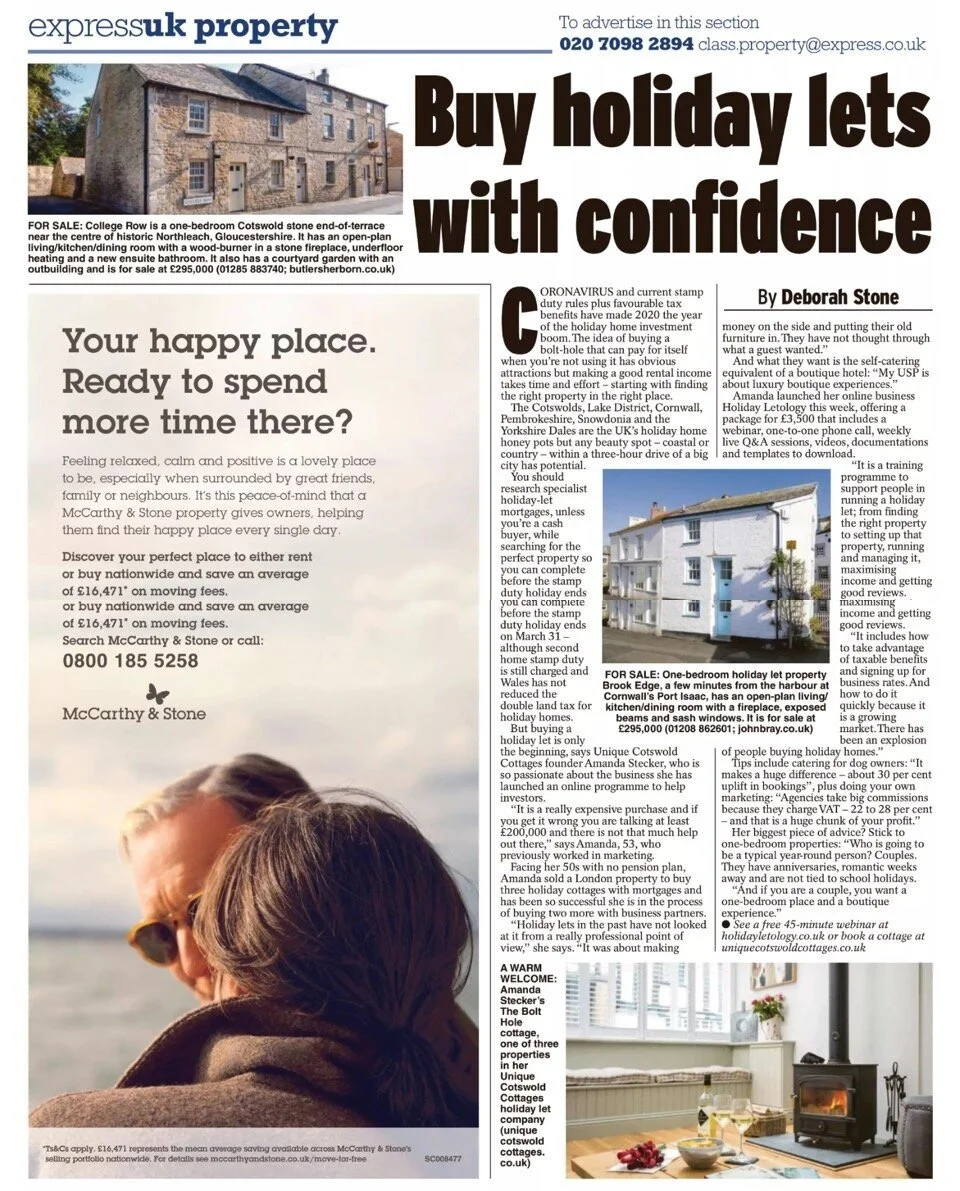 A news clipping from Express UK Property titled Buy holiday lets with confidence, featuring an article about short-term rental property investments