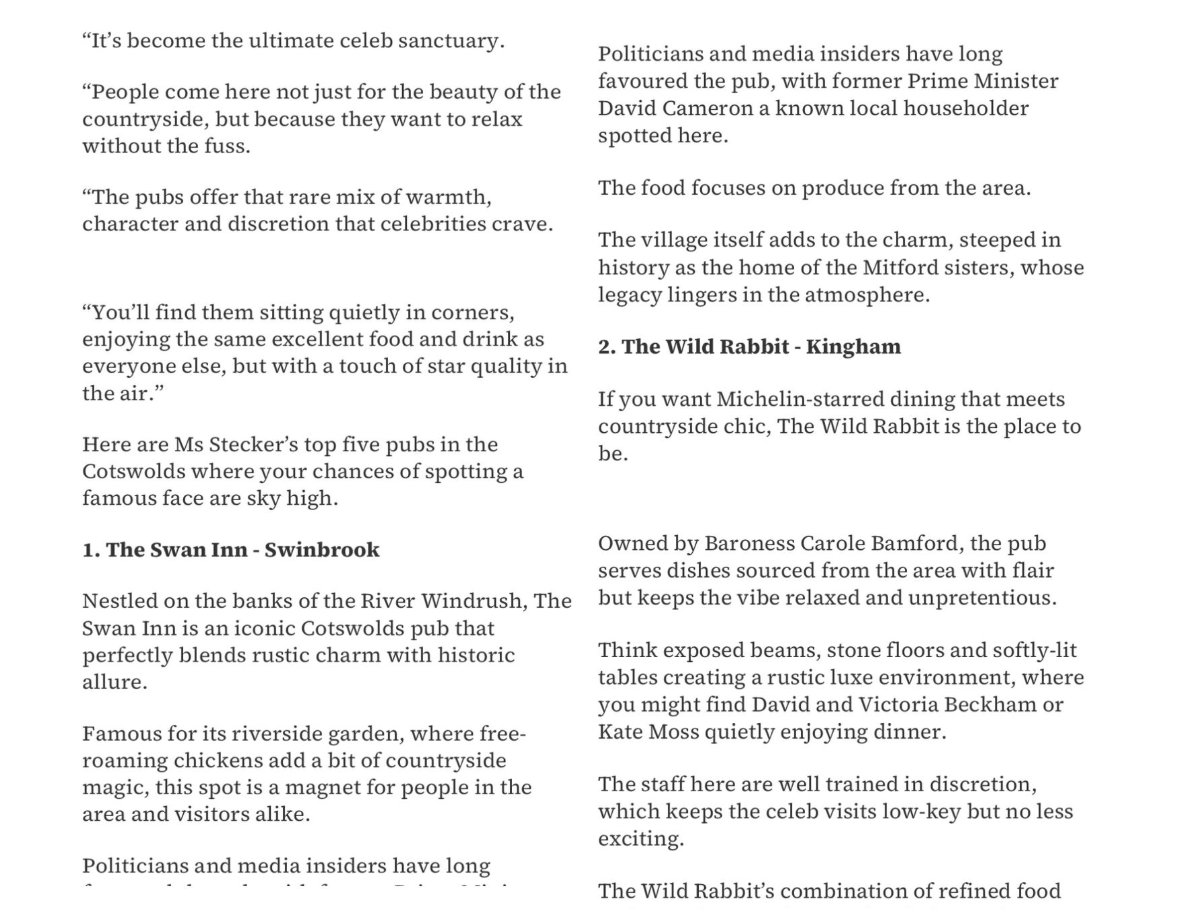 A digital news clipping detailing a review of top pubs in the Cotswolds recommended by Ms. Stecker, featuring sections for The Swan Inn in Swinbrook and The Wild Rabbit in Kingham