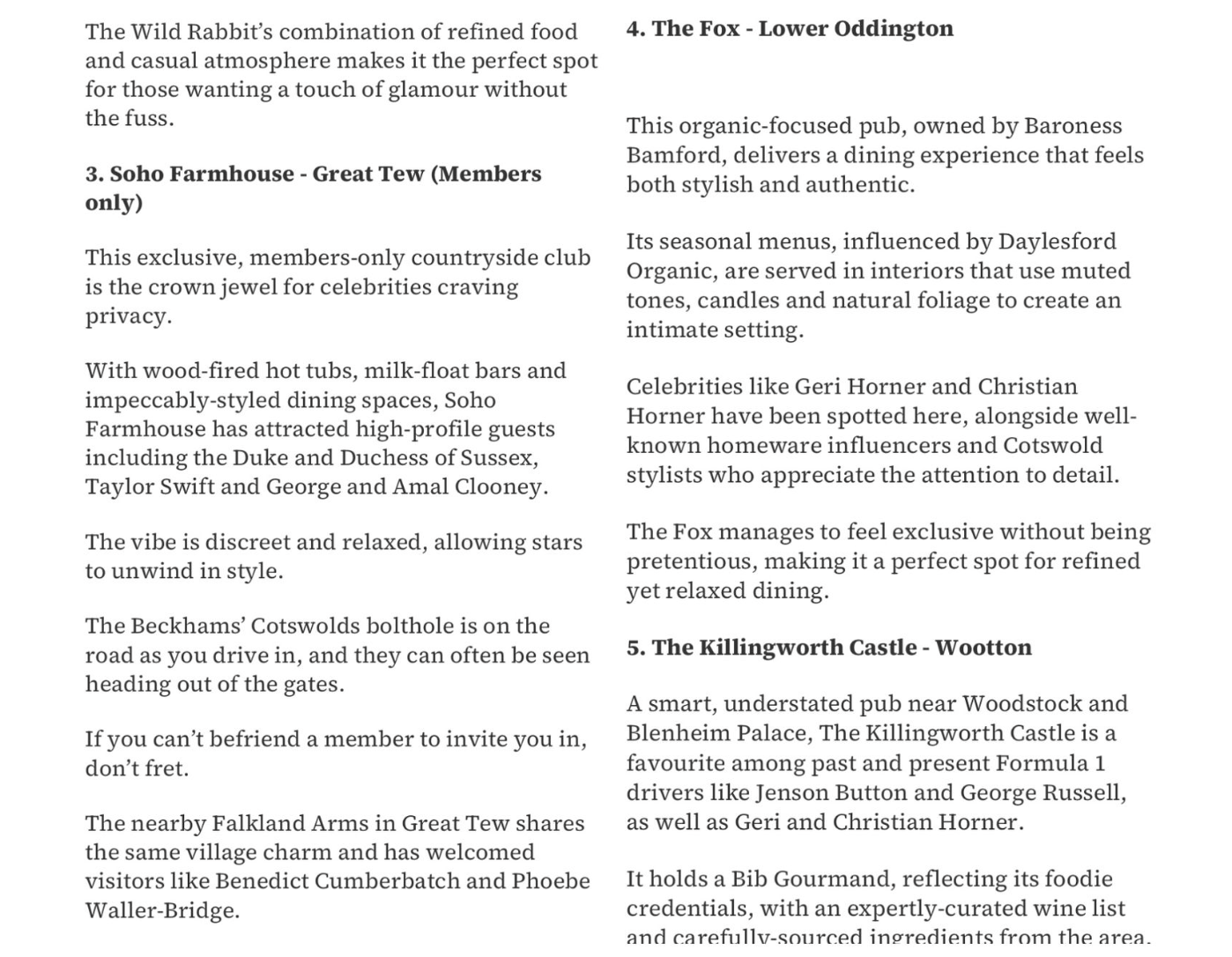 A digital news clipping continuing a list of recommended Cotswolds pubs, featuring text sections for Soho Farmhouse in Great Tew, The Fox in Lower Oddington, and The Killingworth Castle in Wootton