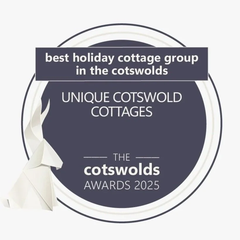 An award badge graphic reading best holiday cottage group in the cotswolds for Unique Cotswold Cottages, from The Cotswolds Awards 2025 with an original rabbit design