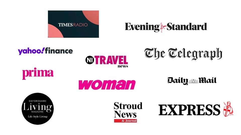 A media collage showcasing logos from prominent news and lifestyle publications including Times Radio, Evening Standard, Yahoo Finance, The Telegraph, and Express