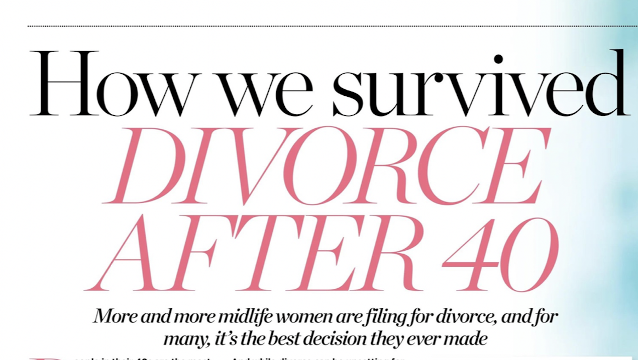A digital news clipping of an article header titled How we survived divorce after 40 in a bold serif and pink italic font, accompanied by a subheadline about midlife women and real life section tag