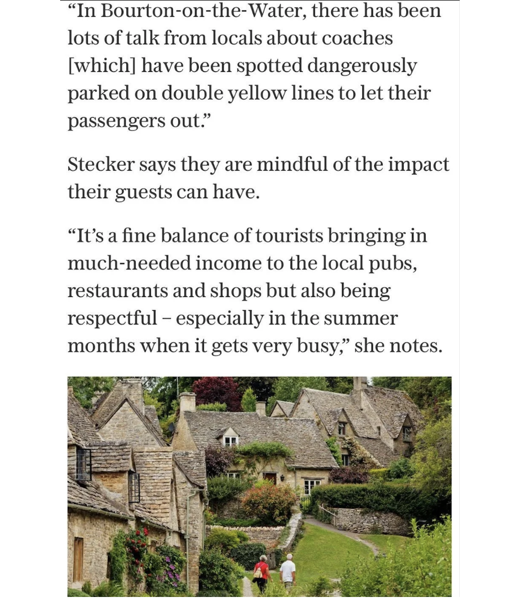 A digital news clipping titled The Telegraph Part 4, featuring concluding article text on balancing Cotswolds tourism alongside a scenic photograph of traditional stone cottages with a walking path