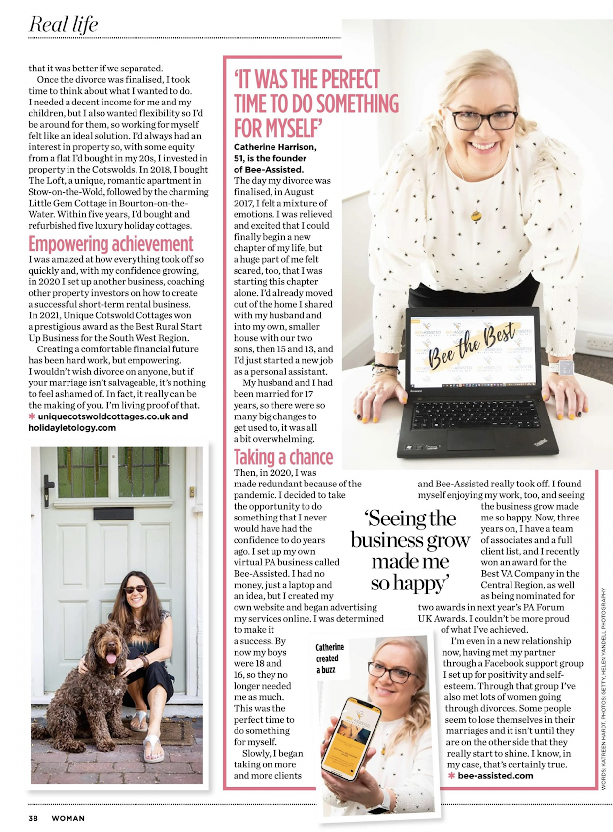 A digital magazine spread layout from a Real Life feature, highlighting a business success story with a photo of a woman posing over her laptop displaying Bee the Best and a pull-quote about business growth