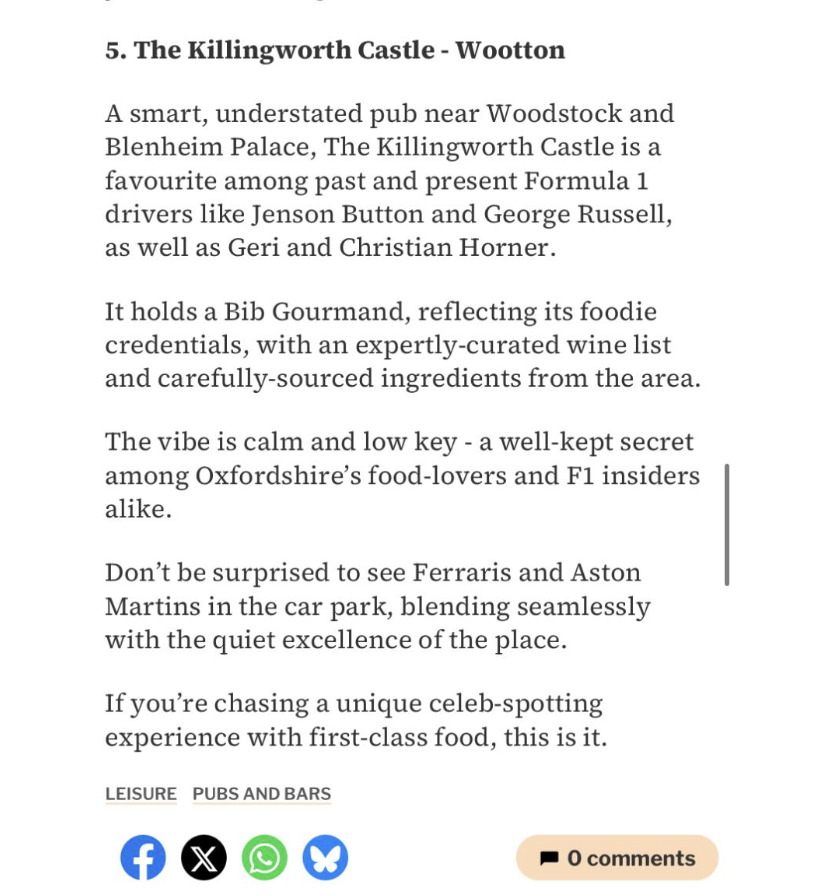 A close-up digital news clipping focusing entirely on the review text for The Killingworth Castle in Wootton, highlighting its Bib Gourmand status and popularity with Formula 1 drivers
