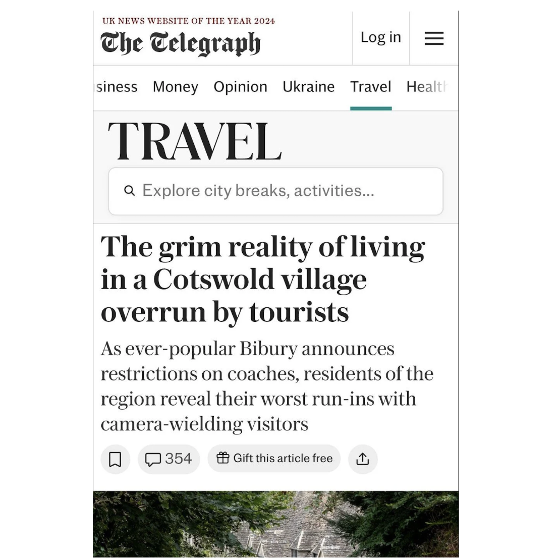 A digital news clipping from The Telegraph website titled The grim reality of living in a Cotswold village overrun by tourists under the Travel section, labeled as The Telegraph Part 1