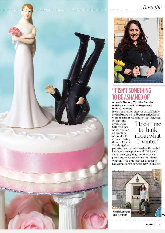 A magazine clipping showing a humorous wedding cake topper next to a profile portrait and interview text of Amanda Stecker