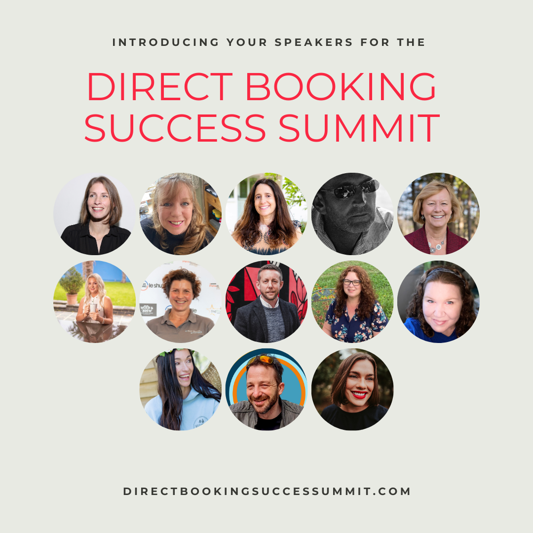 An image displaying the Direct Booking Success Summit speaker banner with circular headshots, embedded into the green-themed Who Am I page section