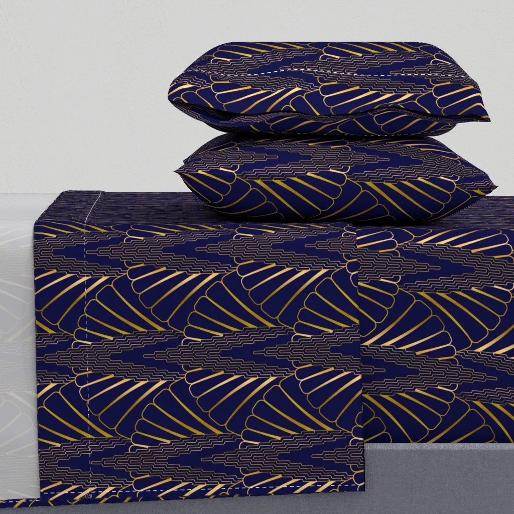 Skyscraper with Scallop Fan Art Deco Metallic Pattern on Navy - Small Sheet Set by colorpush