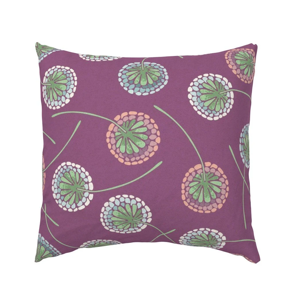 Simple Dandelions on Subtle Texture - Blue and Pink on Orchid - Large Euro Pillow Sham