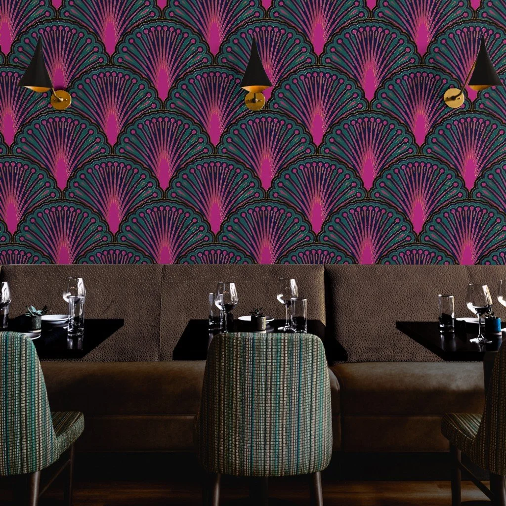 Wallpaper in Art Deco Miami Overlapping Fan Scalloped Geometric Pattern Pink Navy Teal
