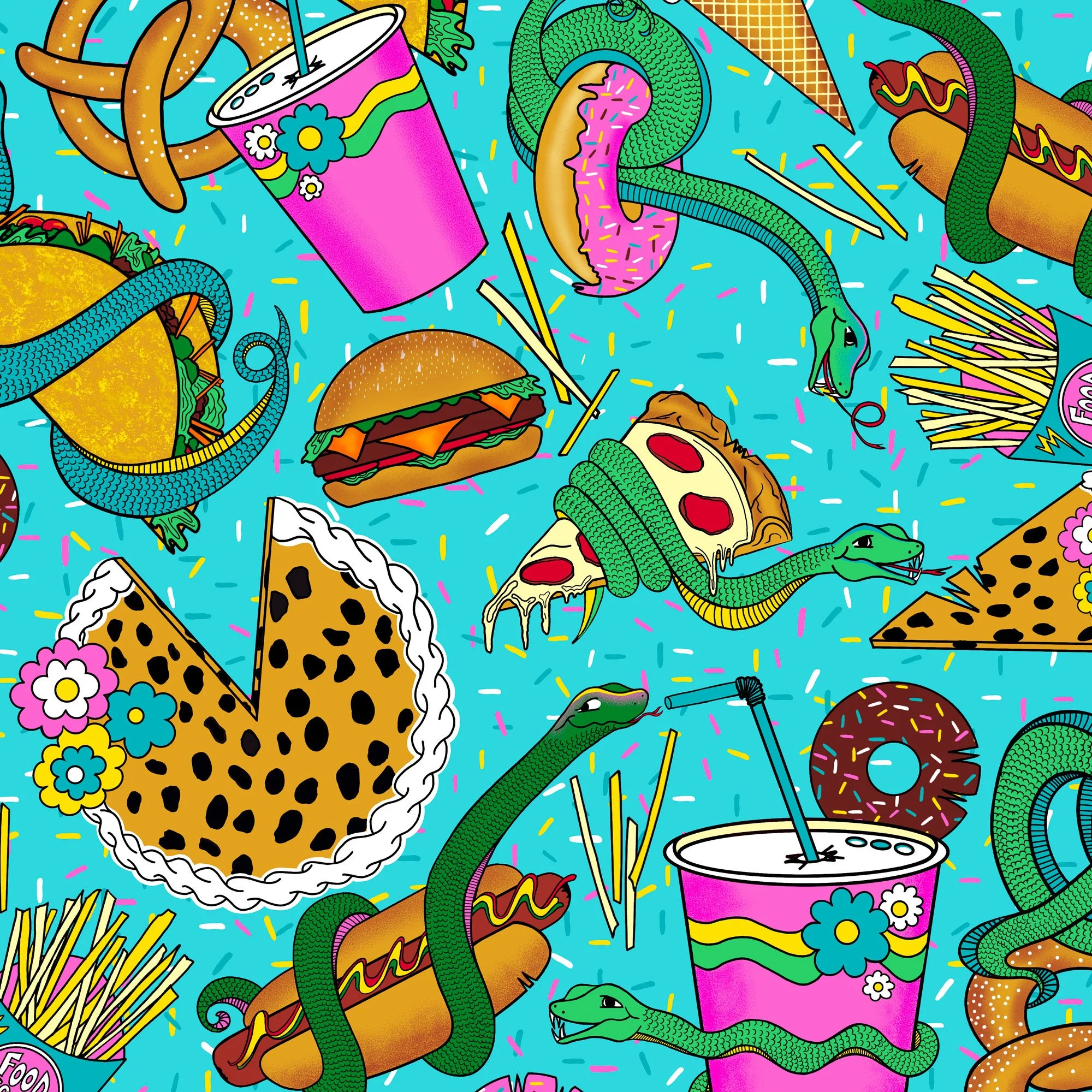 Food Court Finders Keepers Snakes and Nostalgic 90's Mall Pattern - Dark Teal