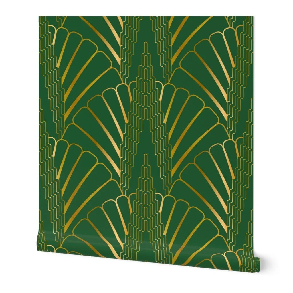 Skyscraper with Scallop Fan Art Deco Metallic Gold Pattern on Forest Green Wallpaper by colorpush