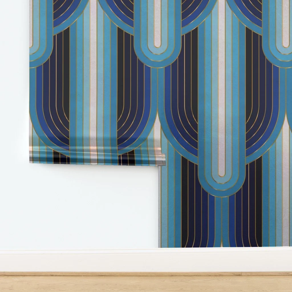 Art Deco Waterfall - Textured Blue with Metallic Gold - XL