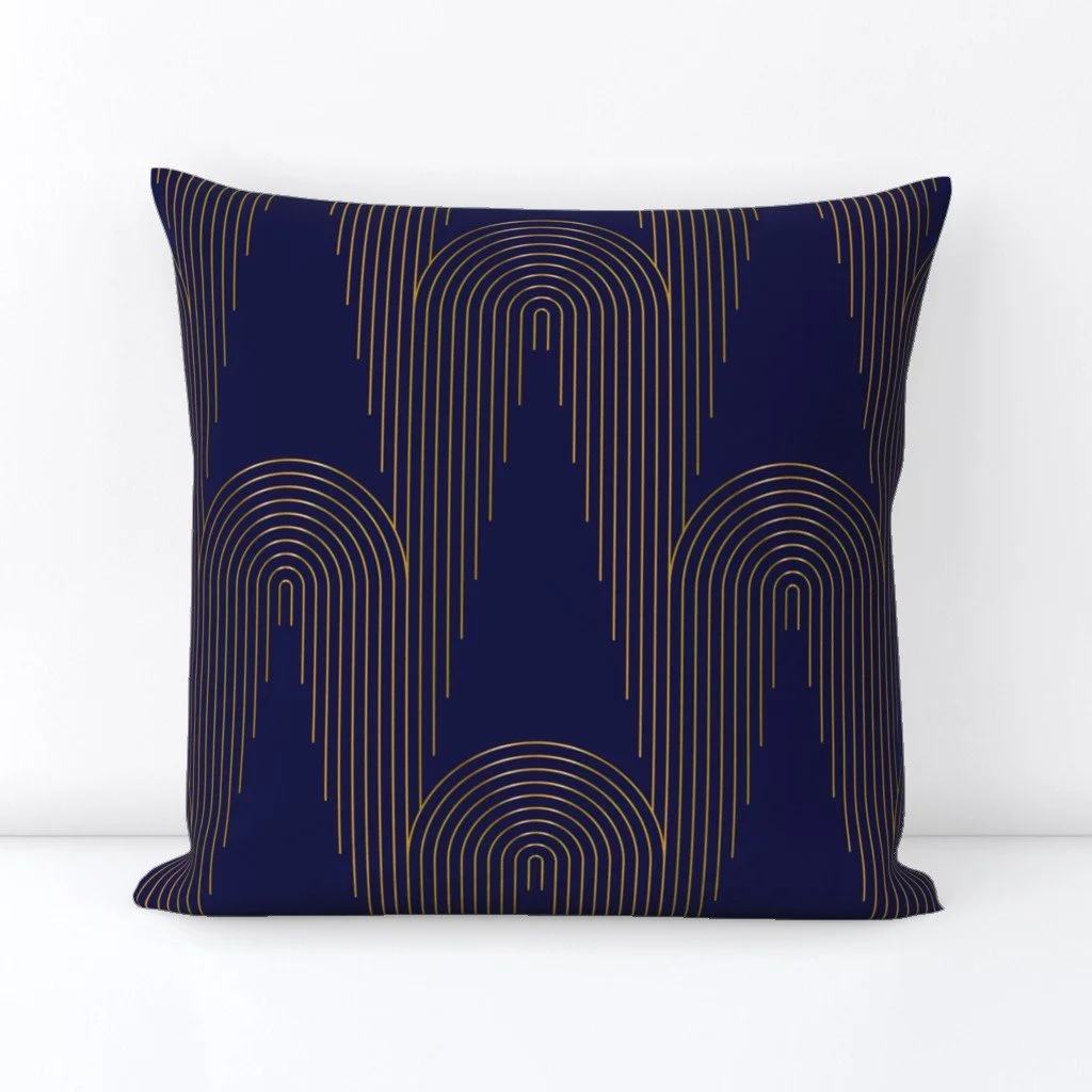 Art Deco Metallic Gold Large Scale Geometric Waterfall Line Pattern - Navy Square Throw Pillow Cover by colorpush
