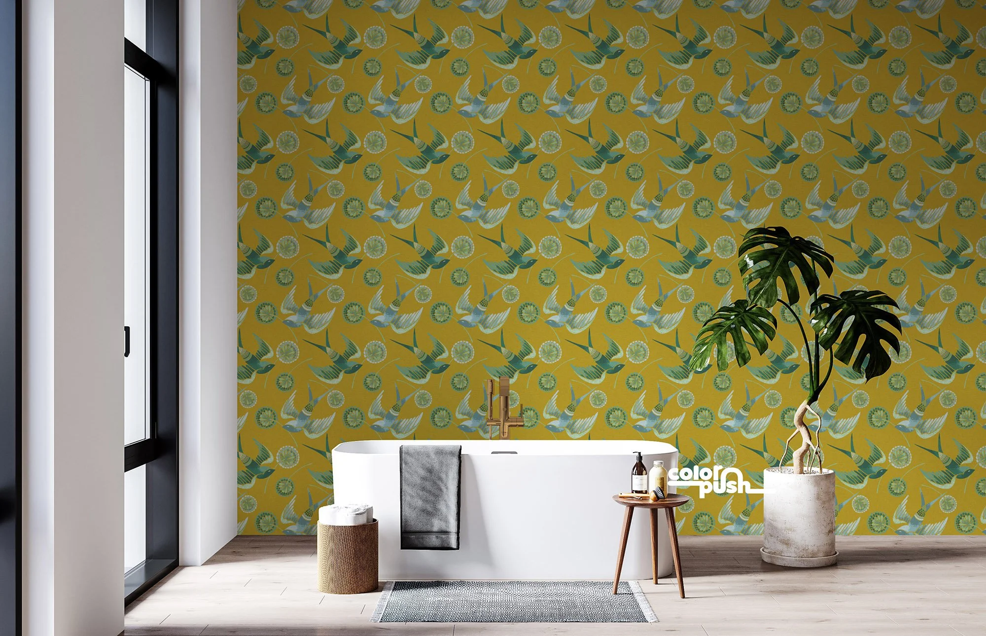 Swallows and Dandelions - Blue and Green on Mustard Yellow Wallpaper