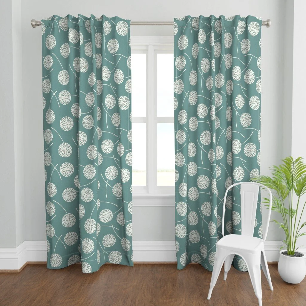 Block Cut Style Simple Dandelions - Cream on Teal - Large Curtain Panel