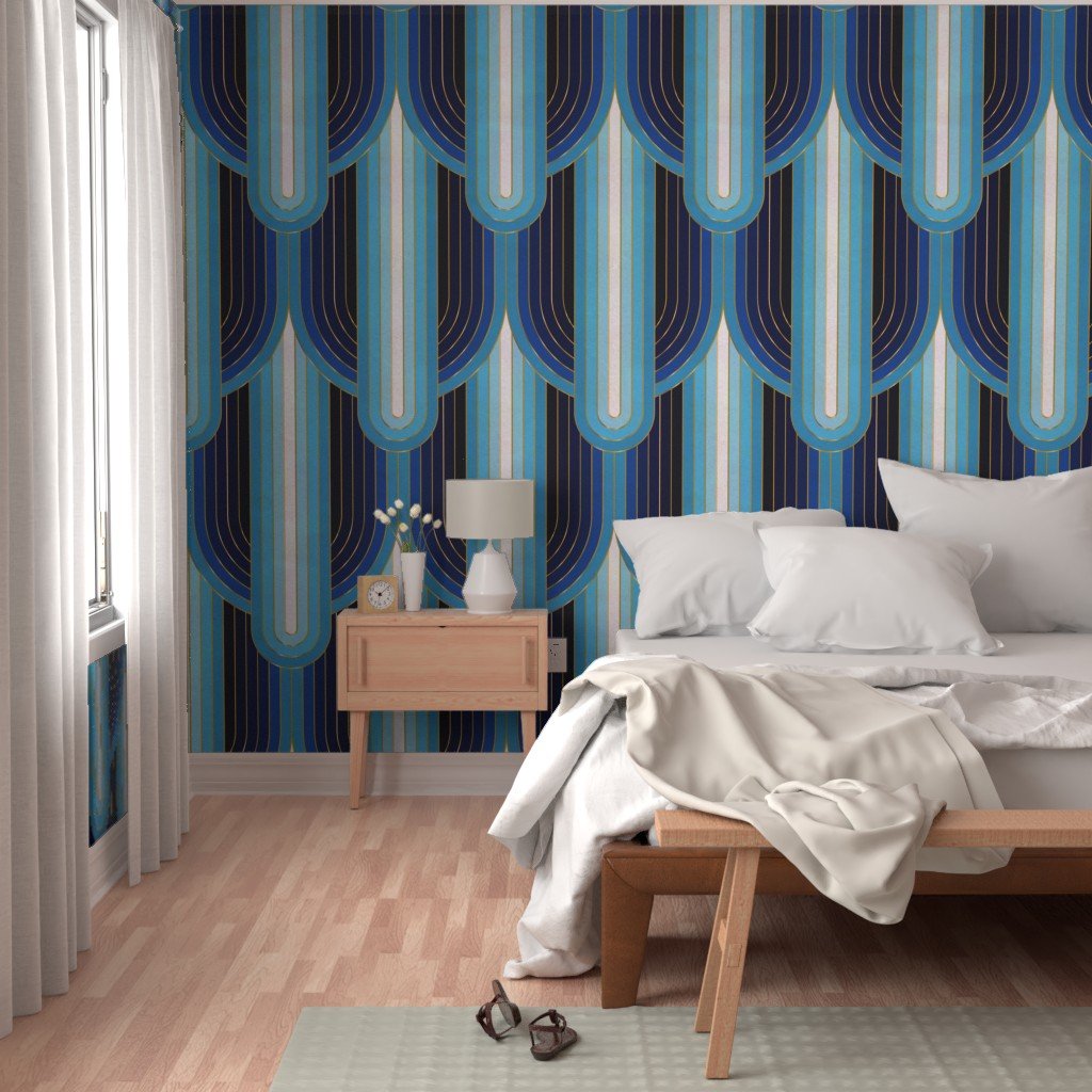 Art Deco Waterfall - Textured Blue with Metallic Gold - XL