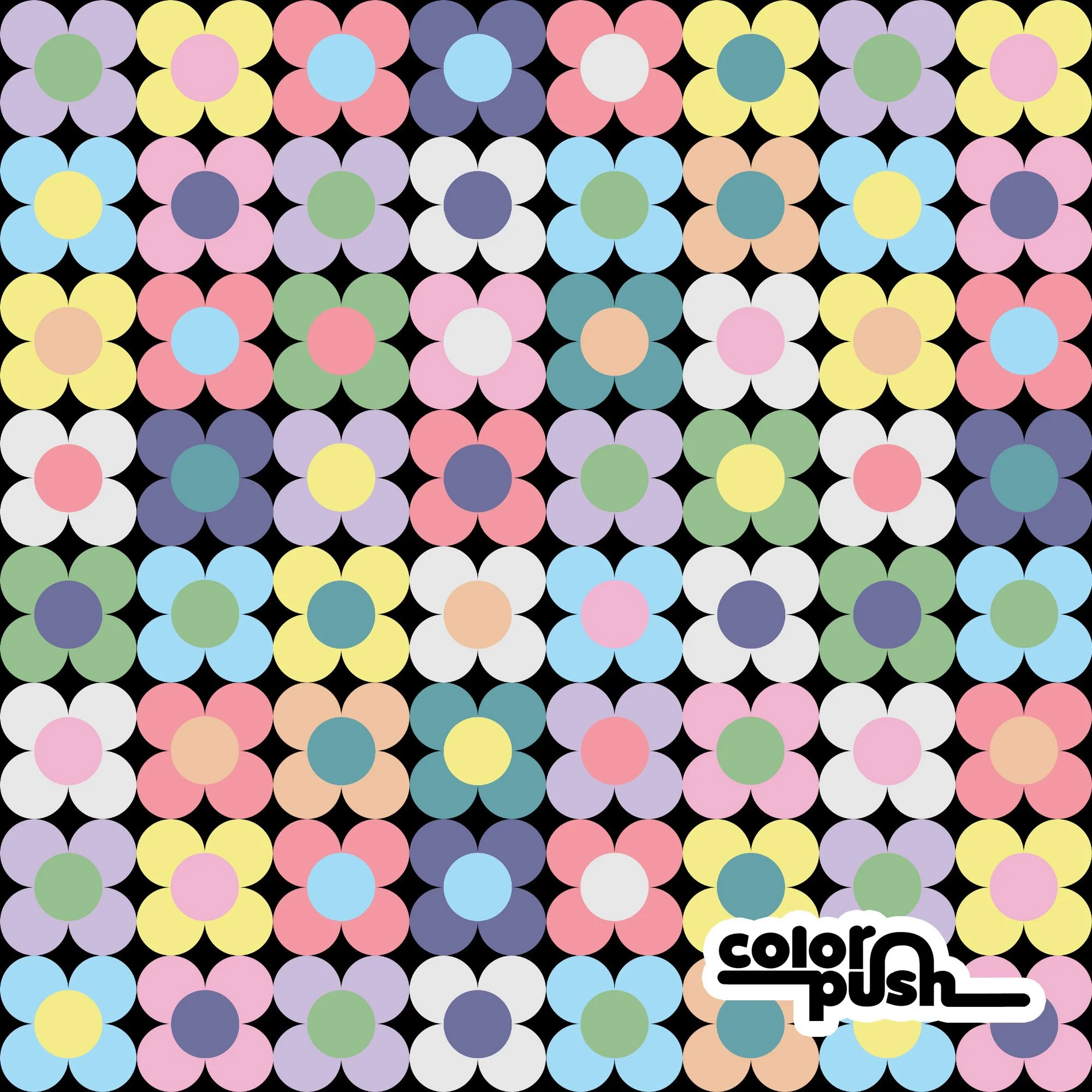 Dollhouse Flowers Pop-Art Colorful Rainbow Floral - Non 3D on Black