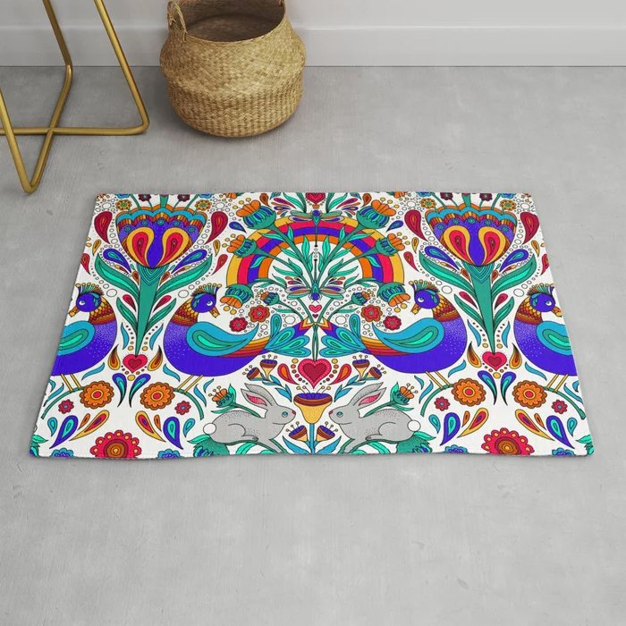 Distelfink Daydream Maximalist Scandi Folk Art Outdoor Rug