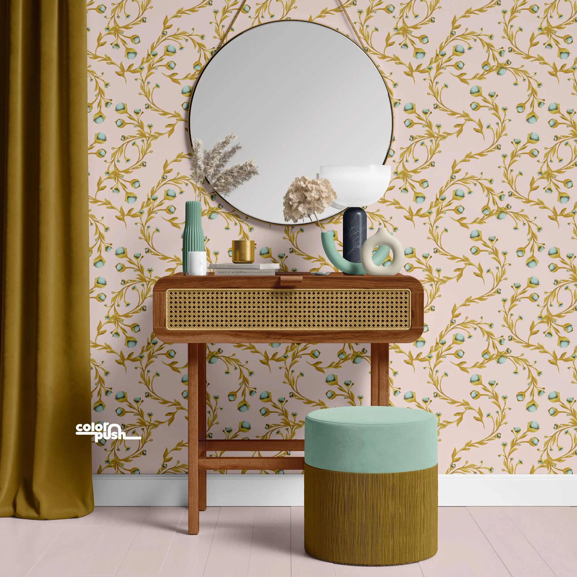 Spring Garden Blooming Golden Flower Vines on Blush Pink Wallpaper - available now on Spoonflower