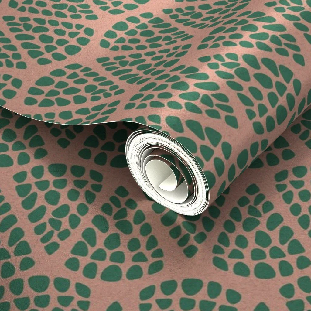 Tail Feathers Rustic Boho Stamp - Jade Green on Peach - Silver Metallic Wallpaper