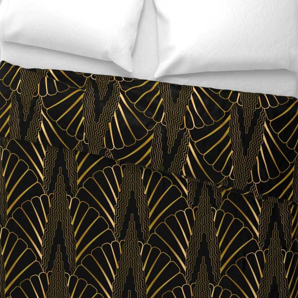 Skyscraper with Scallop Fan Art Deco Metallic Pattern on Black Duvet Cover by colorpush