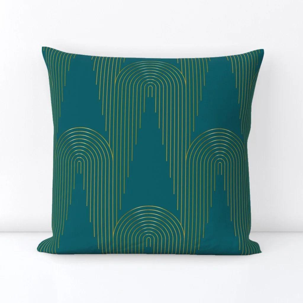 Art Deco Metallic Gold Large Scale Geometric Waterfall Line Pattern - Jade Square Throw Pillow Cover by colorpush
