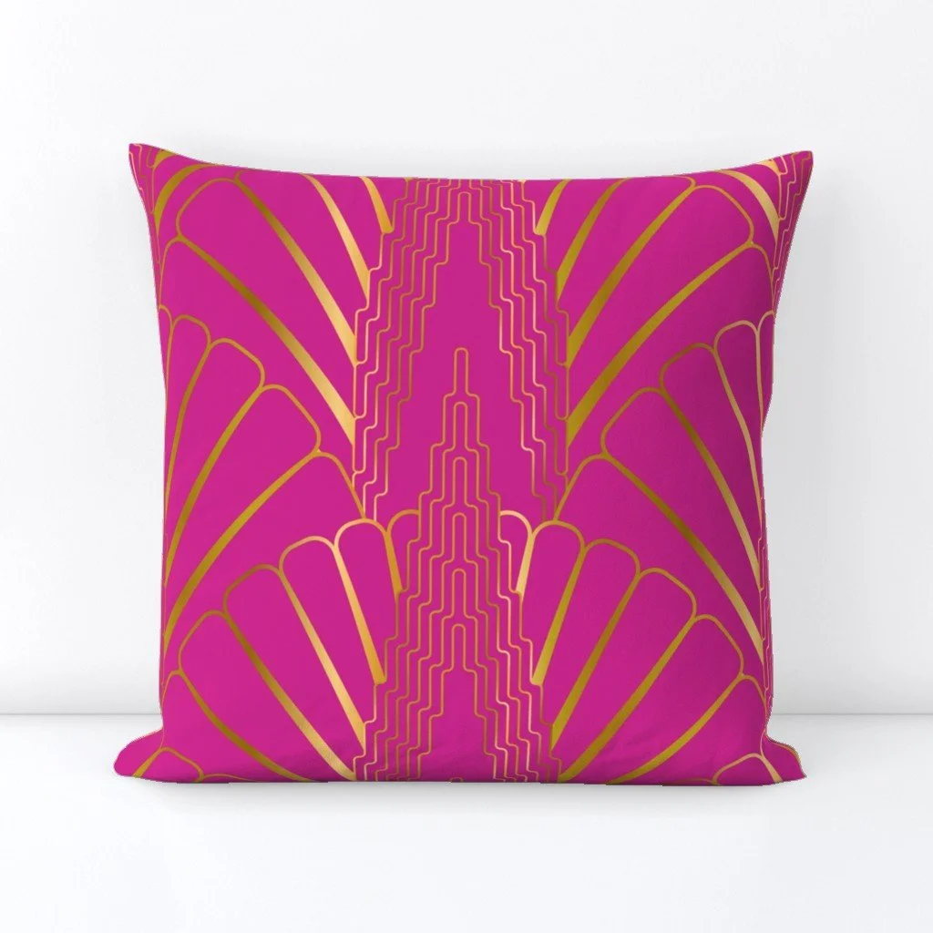 Skyscraper with Scallop Fan Art Deco Metallic Pattern on Hot Pink Square Throw Pillow Cover by colorpush