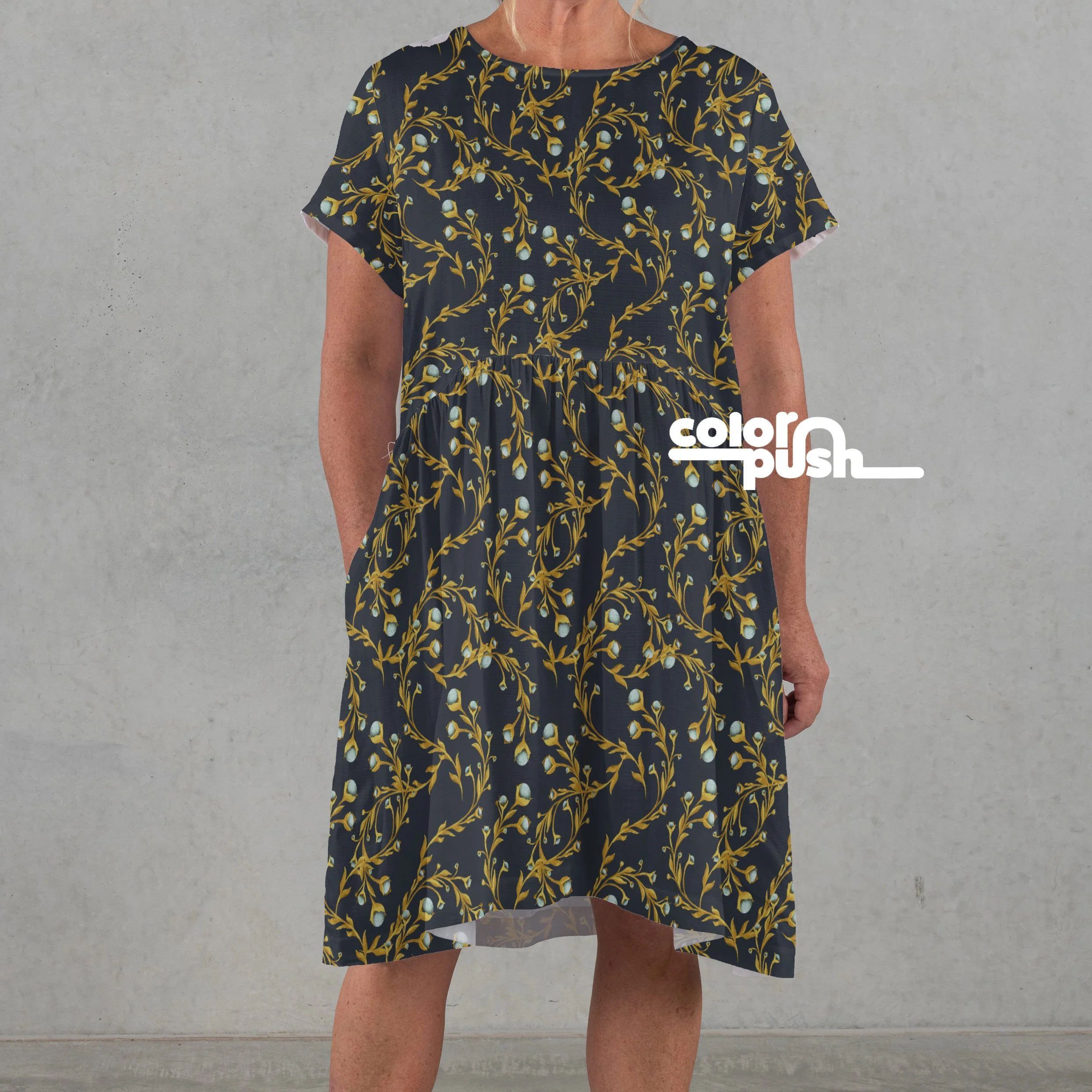 Spring Garden Blooming Golden Flower Vines on Midnight Blue  fabric - available now on Spoonflower