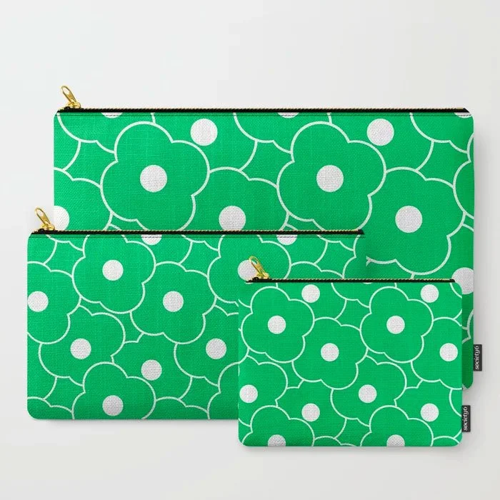 Large-Scale Pop-Art White Flowers on Grass Green Background Carry-All Pouch Set of 3
