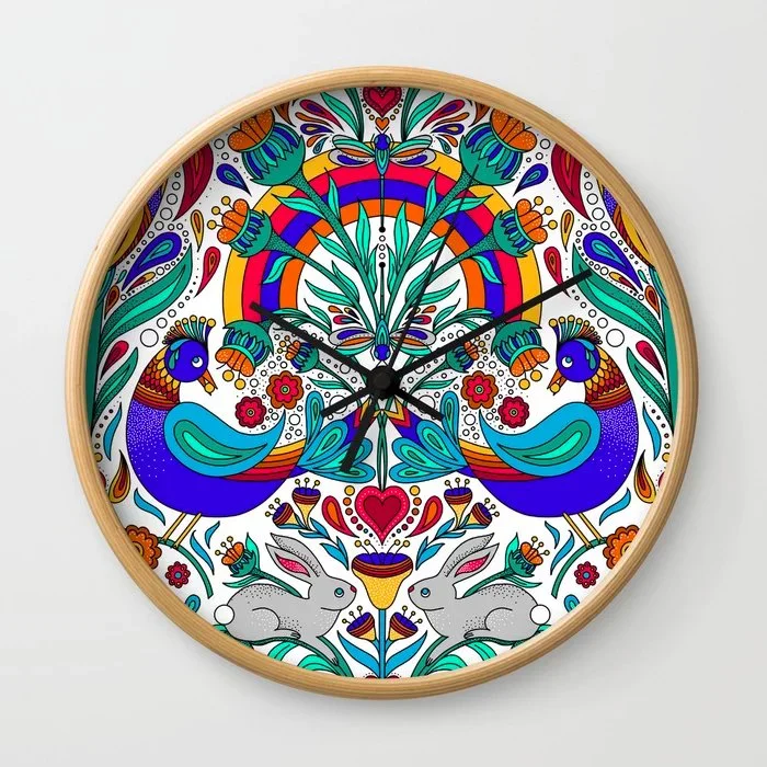 Distelfink Daydream Maximalist Scandi Folk Art Wall Clock