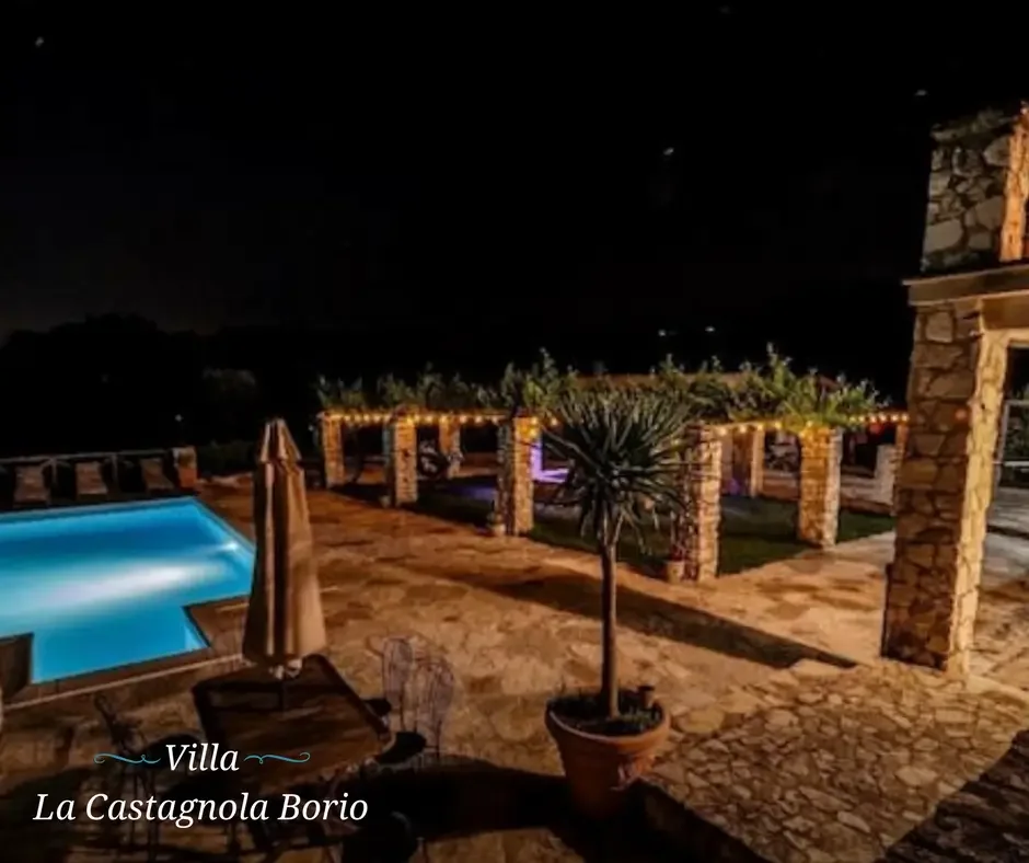 Nighttime view of a villa outdoor area with a swimming pool, patio furniture, potted plants, and decorative lights on brick columns.