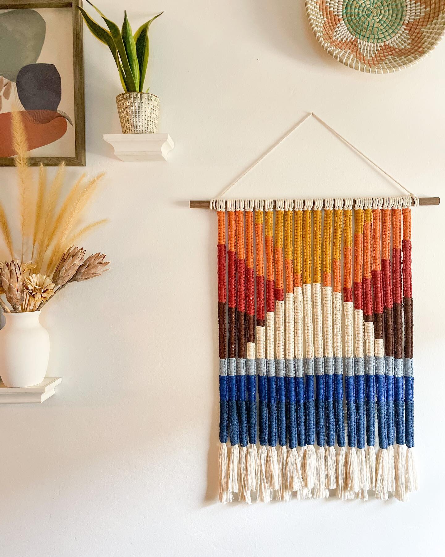Coming in hot some really fun new wall hangings. So excited about this latest original piece. This was in collaboration with @stoned_immaculate_ and their classic California Dreamin' sweater. Technique inspired by @thelarksheadshop 🧡