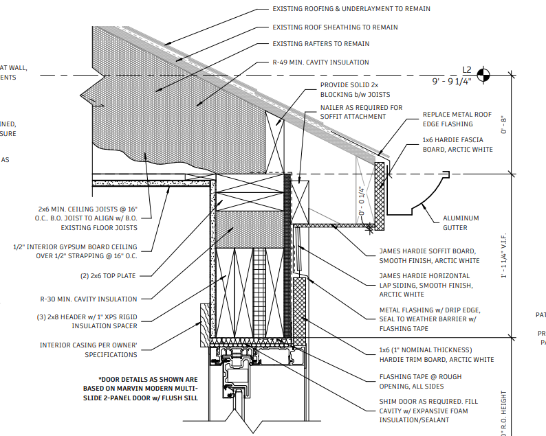 Architectural drawing showing sections and details of a porch roof, including ceiling joists, blocking, gutters, flashing, insulation, and framing details. Annotated with measurements and specifications.
