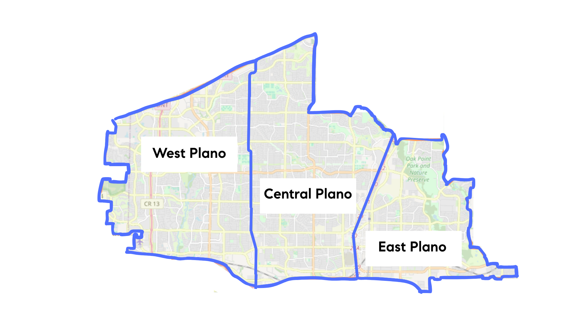 Map of Plano Texas real estate regions — West, Central, and East Plano submarkets by ZIP code