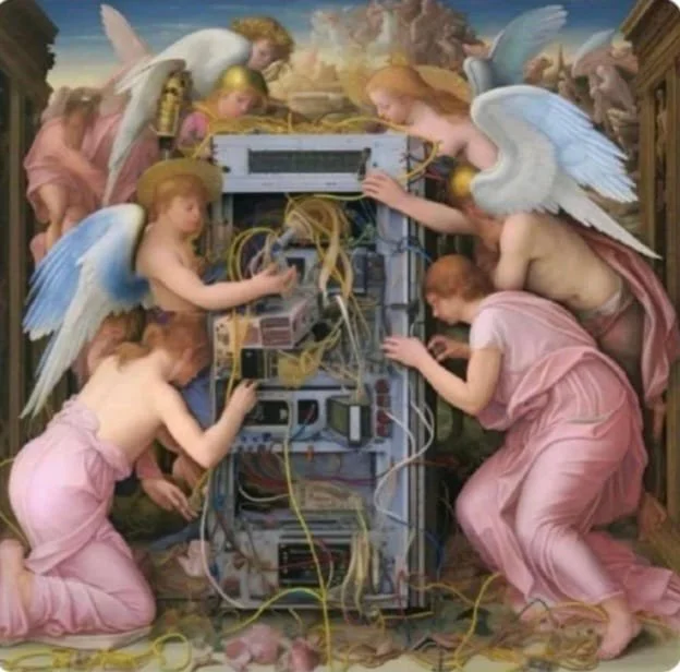 A classical painting of several angels with wings working on an open computer tower, surrounded by clouds and a cloudy sky