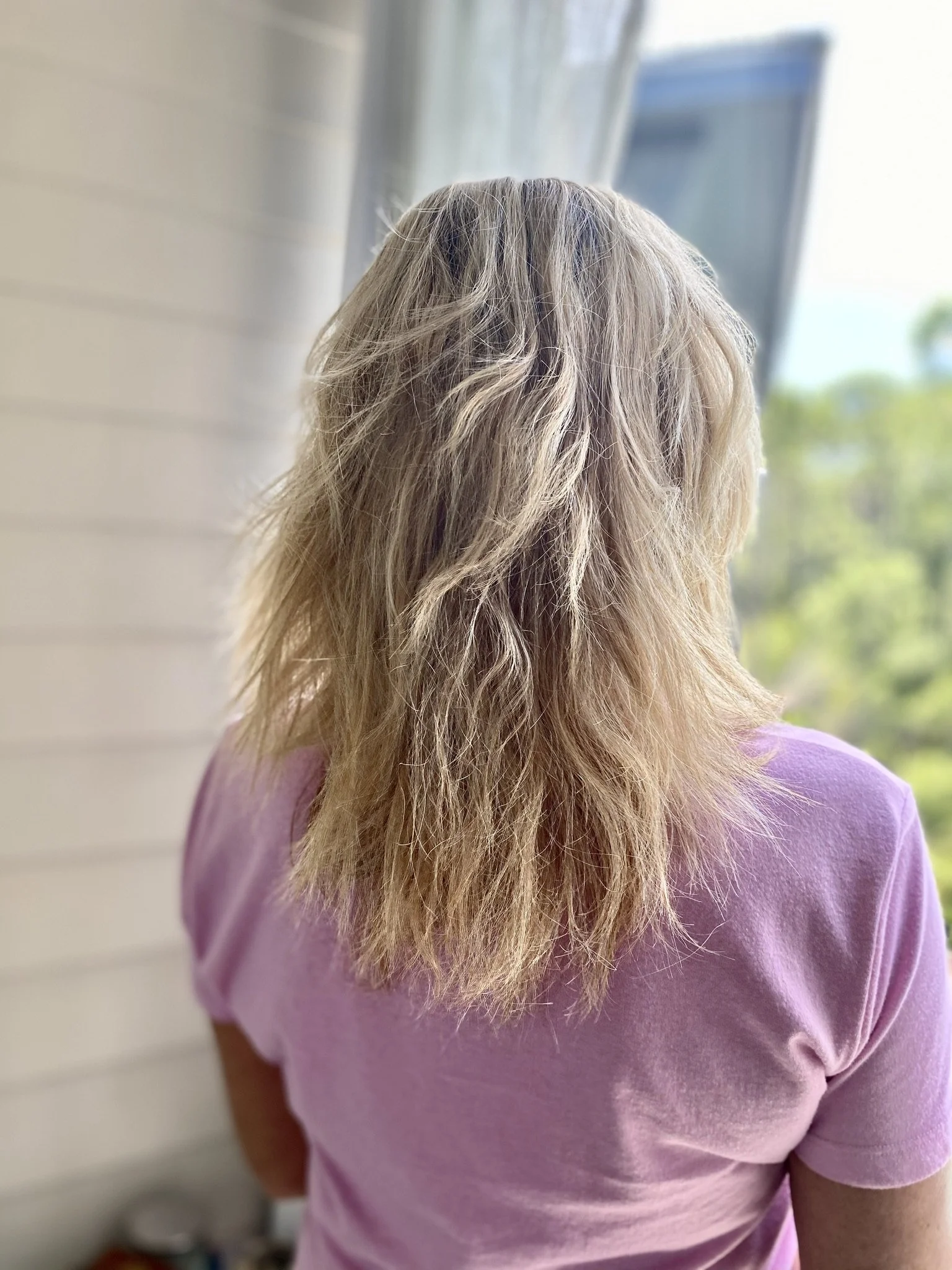Back of a woman's head with textured, wavy blonde hair, wearing a pink shirt, standing near a window with blurred outdoor scenery.