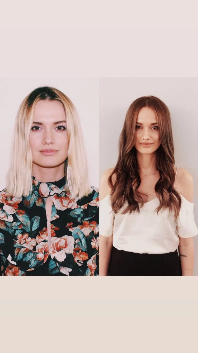 Side-by-side photos of two women with different hairstyles and clothing, standing against a plain wall.