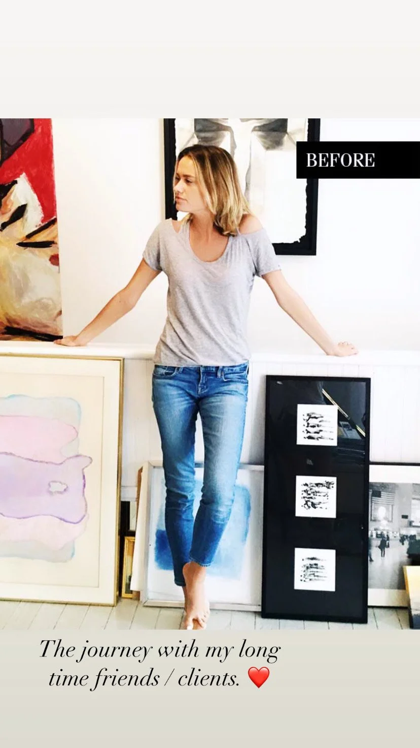 A woman in a casual gray t-shirt and jeans stands barefoot in an art gallery, leaning on a ledge with artwork displayed around her, including paintings and framed photos. The image has a label that says 'BEFORE' and a caption that reads 'The journey