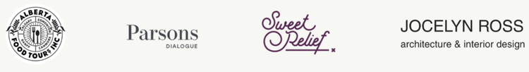Client logos - Alberta Food Tours, Parsons Dialogue, Sweet Relief, Jocelyn Ross